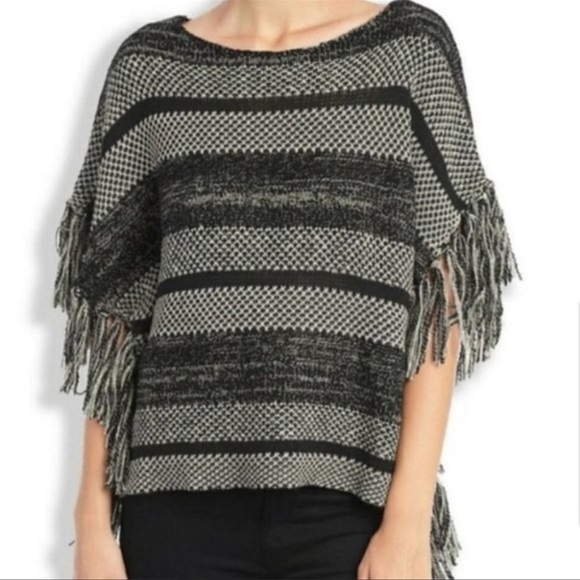 Lucky Brand Fringe Striped Fringe Grey Knit Wool Blend Poncho Sweater - Picture 3 of 9